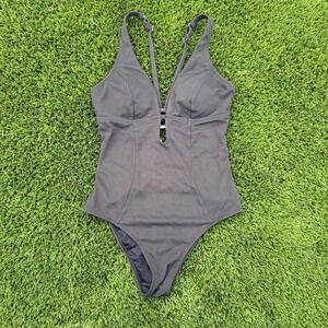 Cupshe Womens Charcoal Gray Textured V-Neck O-Ring Cutout One Piece Swimsuit NEW